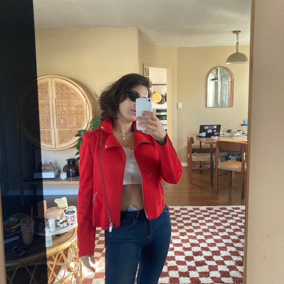 H&M Red Faux Suede Biker Jacket - Size US 2 - Picture 2 of 8